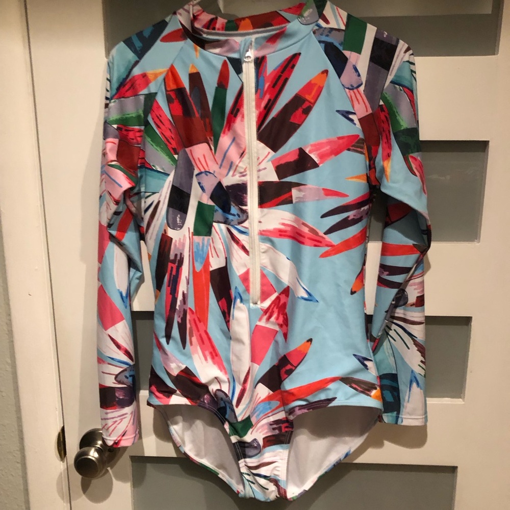 Women's Light Blue Multi-Color Floral Long-Sleeve Bodysuit Rashguard